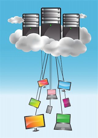 simsearch:400-05914602,k - Cloud computing concept with data servers and connected computers, netbooks, smartphones, netbooks. Colorful illustration Stockbilder - Microstock & Abonnement, Bildnummer: 400-05377007