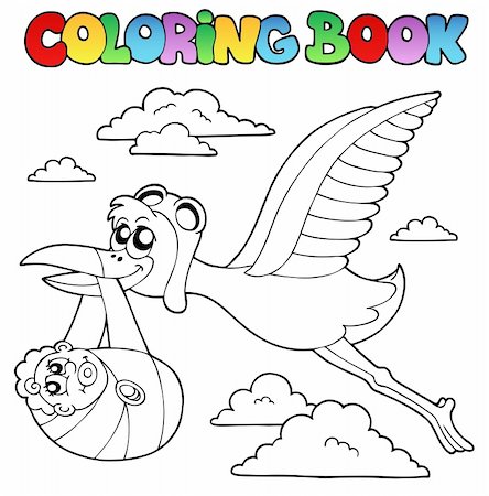 sky to paint cartoon - Coloring book with stork and baby - vector illustration. Stock Photo - Budget Royalty-Free & Subscription, Code: 400-05377360