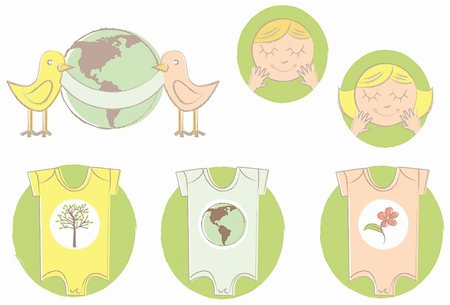 A set of earth friendly illustrations of baby clothes, faces, and birds with a banner around the earth. Stock Photo - Budget Royalty-Free & Subscription, Code: 400-05377538