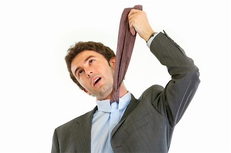 simsearch:400-05687698,k - Stressed businessman hanging himself on his necktie isolated on white Stock Photo - Budget Royalty-Free & Subscription, Code: 400-05370607