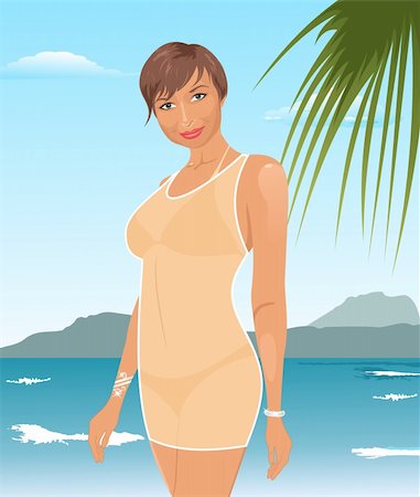 simsearch:400-04364845,k - Illustration pretty suntanned girl on beach - vector Foto de stock - Royalty-Free Super Valor e Assinatura, Número: 400-05370740