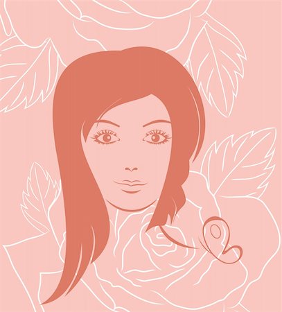 Illustration girl face portrait on rose background - vector Stock Photo - Budget Royalty-Free & Subscription, Code: 400-05370771