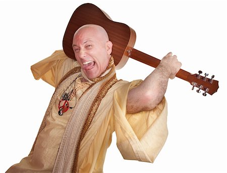 Crazy bald guru holds guitar over white background Stock Photo - Budget Royalty-Free & Subscription, Code: 400-05372608