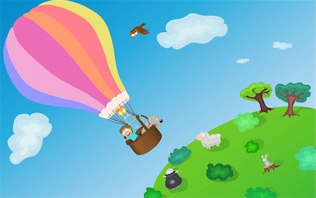 Little boy with his dog, flying on colorful baloon Stock Photo - Budget Royalty-Free & Subscription, Code: 400-05372776