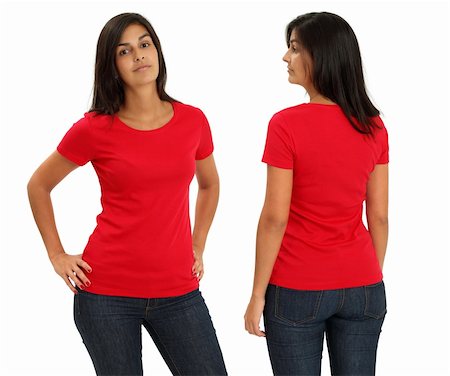 shirt front back model - Young female with blank red t-shirt, front and back. Ready for your design or artwork. Stock Photo - Budget Royalty-Free & Subscription, Code: 400-05372998