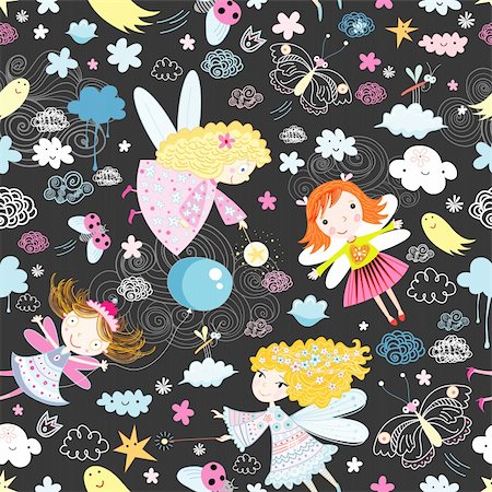 seamless pattern of bright beautiful fairy on a dark background with clouds Stock Photo - Budget Royalty-Free & Subscription, Code: 400-05373064