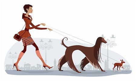 Vector illustration of a girl walking two dogs Stock Photo - Budget Royalty-Free & Subscription, Code: 400-05373065