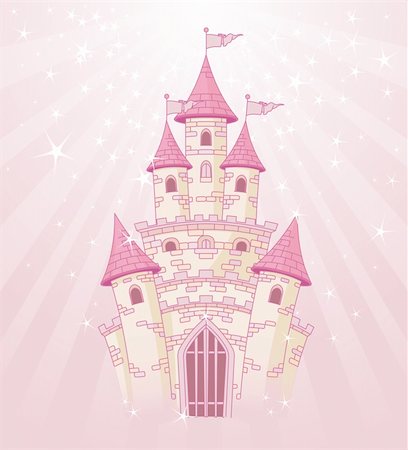 Illustration of a Fairy Tale princess pink castle on radial background Stock Photo - Budget Royalty-Free & Subscription, Code: 400-05373743