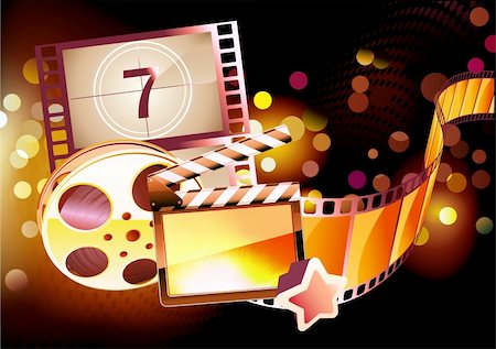 simsearch:400-07410100,k - Vector illustration of orange abstract cinema background with clapperboard and a film reel Stock Photo - Budget Royalty-Free & Subscription, Code: 400-05373920