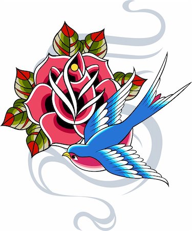 decorative flowers and birds for greetings card - sparrow tattoo Photographie de stock - Aubaine LD & Abonnement, Code: 400-05384006