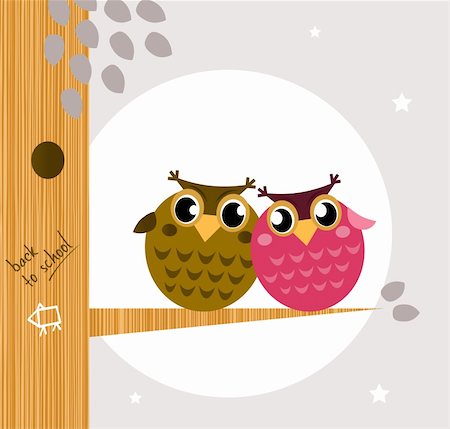 doodle art about school - Owl family, tree, moon in background. Vector cartoon Illustration Stock Photo - Budget Royalty-Free & Subscription, Code: 400-05384064