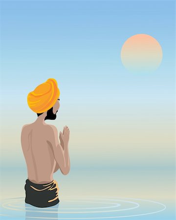 simsearch:400-07990369,k - an illustration of a sikh man bathing in the waters of the holy pool under a sunset sky Stock Photo - Budget Royalty-Free & Subscription, Code: 400-05385692