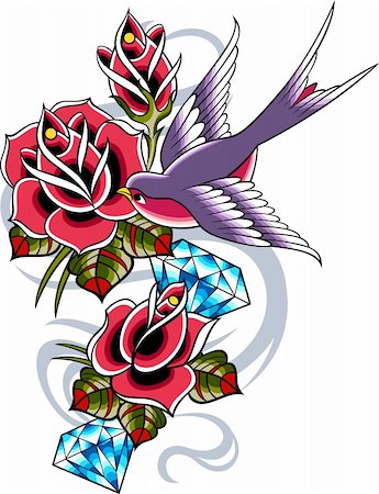 decorative flowers and birds for greetings card - bird and rose ribbon banner Stock Photo - Budget Royalty-Free & Subscription, Code: 400-05386476