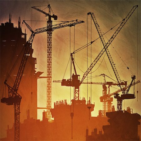 An Artistic Vintage Grunge Illustration with Lots of Tower Cranes on Construction Site Stock Photo - Budget Royalty-Free & Subscription, Code: 400-05387460