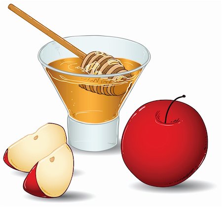 simsearch:400-09089749,k - A vector illustration of a glass filled with honey and a special honey serving spoon and an apple and two slices of apple. Foto de stock - Super Valor sin royalties y Suscripción, Código: 400-05387520