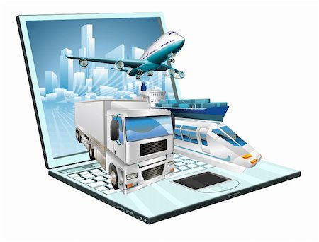 Logistics laptop computer, delivery, transportation; plane, truck, ship, train concept Stock Photo - Budget Royalty-Free & Subscription, Code: 400-05388579