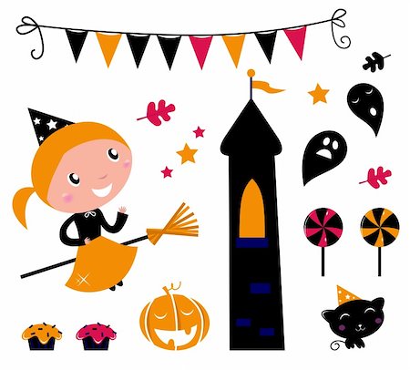 simsearch:400-06393288,k - Cute little Halloween Witch, various items for celebration. Vector Photographie de stock - Aubaine LD & Abonnement, Code: 400-05380087