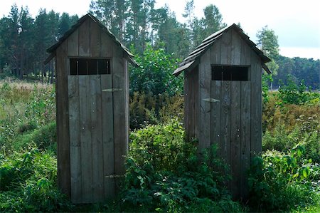 Two wheathered wooden toilets standing in green swamp Stock Photo - Budget Royalty-Free & Subscription, Code: 400-05380147