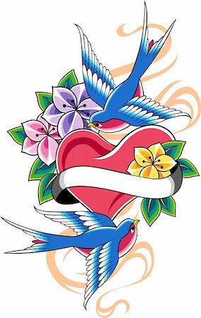 decorative flowers and birds for greetings card - swallow heart flower emblem Stock Photo - Budget Royalty-Free & Subscription, Code: 400-05380965