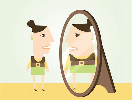 A thin woman sees her reflection different from what it is. This could be used for body dysmorphic disorder or anorexia. Stock Photo - Budget Royalty-Free & Subscription, Code: 400-05381377