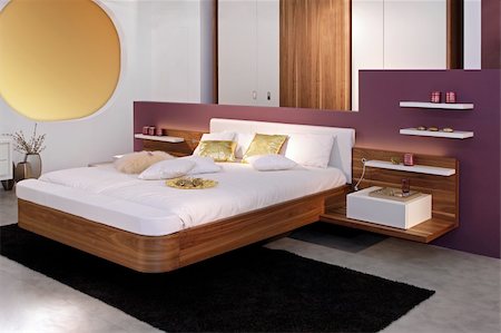 simsearch:400-05364625,k - Modern bedroom interior with big double bed Foto de stock - Super Valor sin royalties y Suscripción, Código: 400-05381766