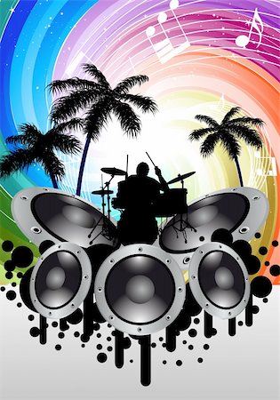 simsearch:400-04752059,k - Rock group drummer at thropical and festive rays background. Vector illustration for design use. Stockbilder - Microstock & Abonnement, Bildnummer: 400-05381851