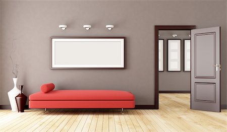 brown interior with red modern couch and open door- rendering Foto de stock - Super Valor sin royalties y Suscripción, Código: 400-05382224