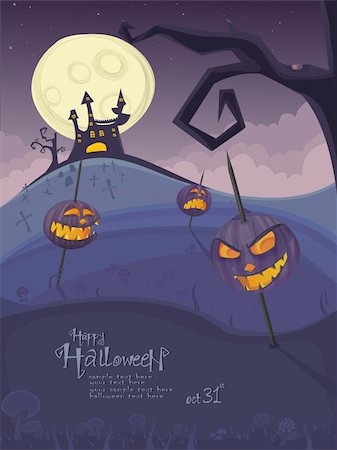 Vector Halloween template with night landscape, evil pumpkins, spooky naked tree, graveyard and haunted house with glowing moon and clouds in the back. Space for your text Stock Photo - Budget Royalty-Free & Subscription, Code: 400-05382394