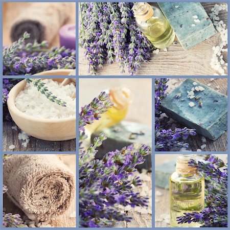 Wellness Spa collage of fresh lavender products images. Lavender oil, natural handmade soap, bath salt on old rustic wooden background. Stock Photo - Budget Royalty-Free & Subscription, Code: 400-05382416