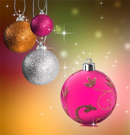 simsearch:400-05359450,k - Colorful pink golf snf silver christmas baubles balls with colorful background Stock Photo - Budget Royalty-Free & Subscription, Code: 400-05382514