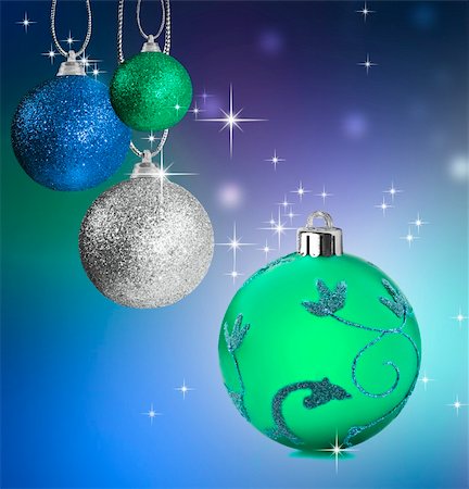 simsearch:400-04347523,k - Colorful green and blue christmas baubles balls with colorful background Foto de stock - Royalty-Free Super Valor e Assinatura, Número: 400-05382515