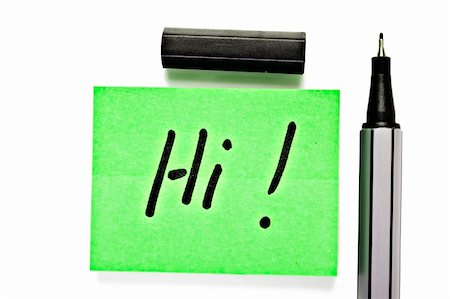 Small memo note with black pen - saying hi Stock Photo - Budget Royalty-Free & Subscription, Code: 400-05382519