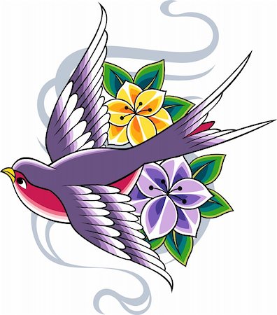 decorative flowers and birds for greetings card - classic bird tattoo Stock Photo - Budget Royalty-Free & Subscription, Code: 400-05382866
