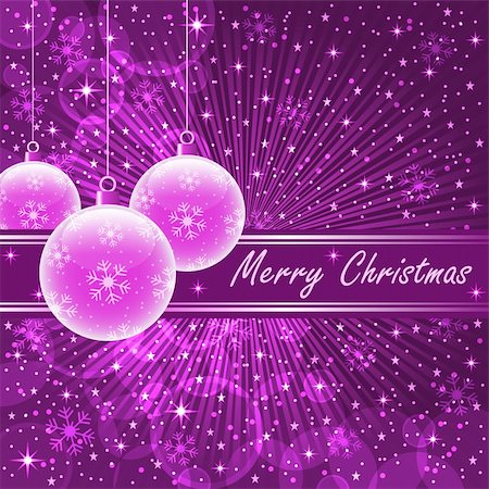 Christmas balls in translucent pink on purple sunburst background, snowflakes, bubbles, stars and snow. Photographie de stock - Aubaine LD & Abonnement, Code: 400-05383273