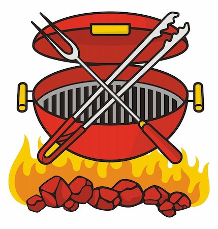 Barbecue grill over flaming charcoal with crossed fork and tongs. Stock Photo - Budget Royalty-Free & Subscription, Code: 400-05383443