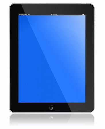 New tablet PC portable computer tablet glossy black and chromed, blue screen, isolated on white with reflection. Foto de stock - Super Valor sin royalties y Suscripción, Código: 400-05664473