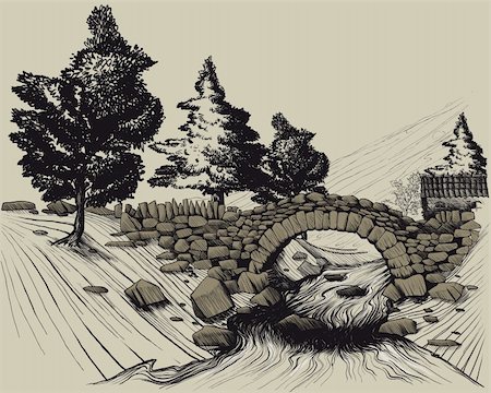 sharpner (artist) - Illustration depicting the old stone bridge in the woods across the river and the house. style engraving Stockbilder - Microstock & Abonnement, Bildnummer: 400-05664749