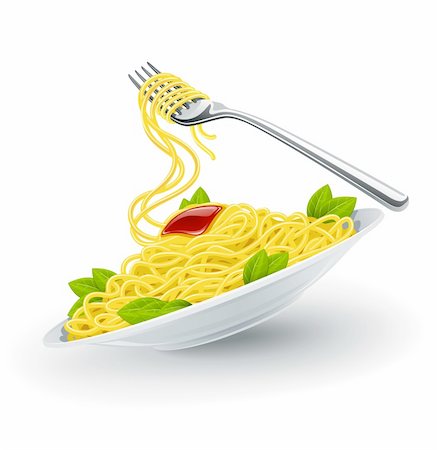 delicious pasta - Yellow italian pasta spaghetti in the white plate with fork. Vector illustration isolated on white background Stock Photo - Budget Royalty-Free & Subscription, Code: 400-05667492