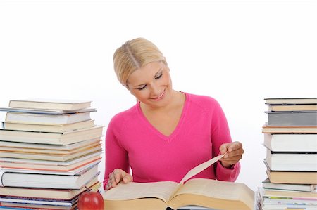 simsearch:400-04351619,k - young pretty smart woman with lots of books reading and study. isolated on white background Foto de stock - Super Valor sin royalties y Suscripción, Código: 400-05669090