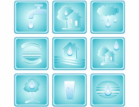 Blue set of water icons with drop, house, tree and planet Stock Photo - Budget Royalty-Free & Subscription, Code: 400-05669216