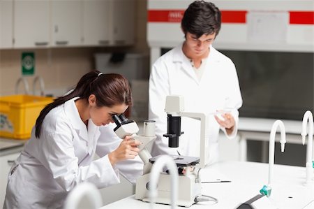 simsearch:400-06078063,k - Good looking science students using a microscope in a laboratory Stock Photo - Budget Royalty-Free & Subscription, Code: 400-05669988