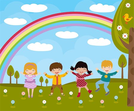 A vector illustration of happy kids dancing unred the rainbow Stock Photo - Budget Royalty-Free & Subscription, Code: 400-05663932