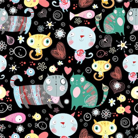 retro cat pattern - seamless pattern of colorful Valentine's cats on a black background Stock Photo - Budget Royalty-Free & Subscription, Code: 400-05674102