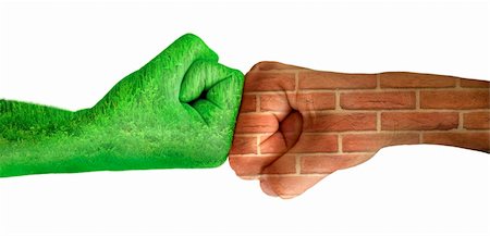 plant build - Two hands against each other. Green hand with grass and brick wall hand. Confrontation environment against construction industry. Ecology. White isolated Stock Photo - Budget Royalty-Free & Subscription, Code: 400-05674121