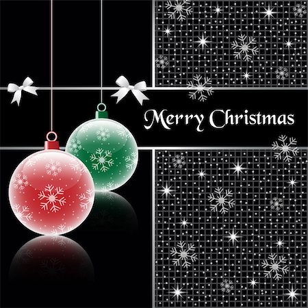 Christmas balls, red and green on black background, decorated with snowflakes, stars, snow and bows. Stock Photo - Budget Royalty-Free & Subscription, Code: 400-05674318