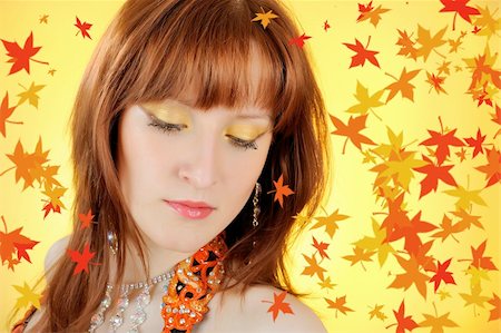 Beautiful autumn fairy woman with golden make-up. falling leaves background Stock Photo - Budget Royalty-Free & Subscription, Code: 400-05674570
