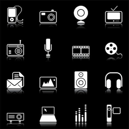 radio and television use of computer - Mass Media icons reflected on black background Stock Photo - Budget Royalty-Free & Subscription, Code: 400-05675382