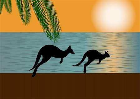 Against the backdrop of the ocean and setting sun on the bank of two galloping kangaroos Stock Photo - Budget Royalty-Free & Subscription, Code: 400-05675546