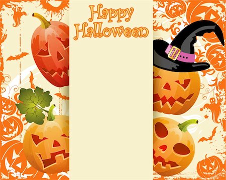 Grunge halloween frame with bats, ghost & pumpkin, vector illustration Stock Photo - Budget Royalty-Free & Subscription, Code: 400-05676730