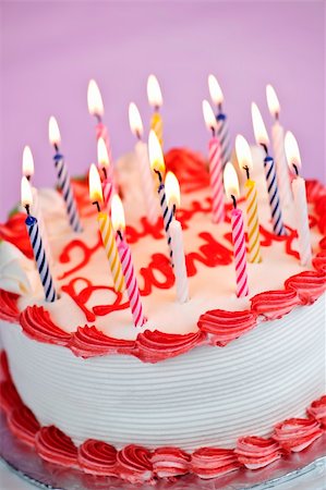 simsearch:400-05695717,k - Birthday cake with burning candles and icing on pink background Stock Photo - Budget Royalty-Free & Subscription, Code: 400-05677038